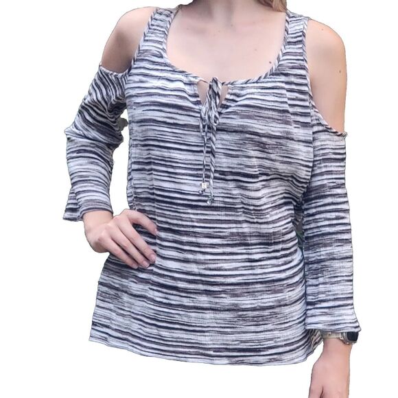 Michael Kors Womens Top Blouse Cold Shoulder Shirt EUC Black White Small Stripes - Picture 1 of 15